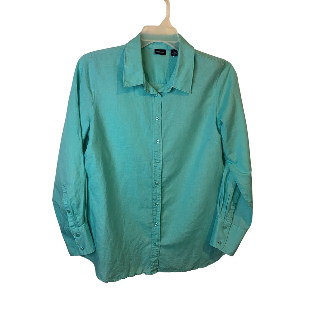 Westbound Women Green Linen Cotton Button Down Shirt Long Sleeve Large Blouse